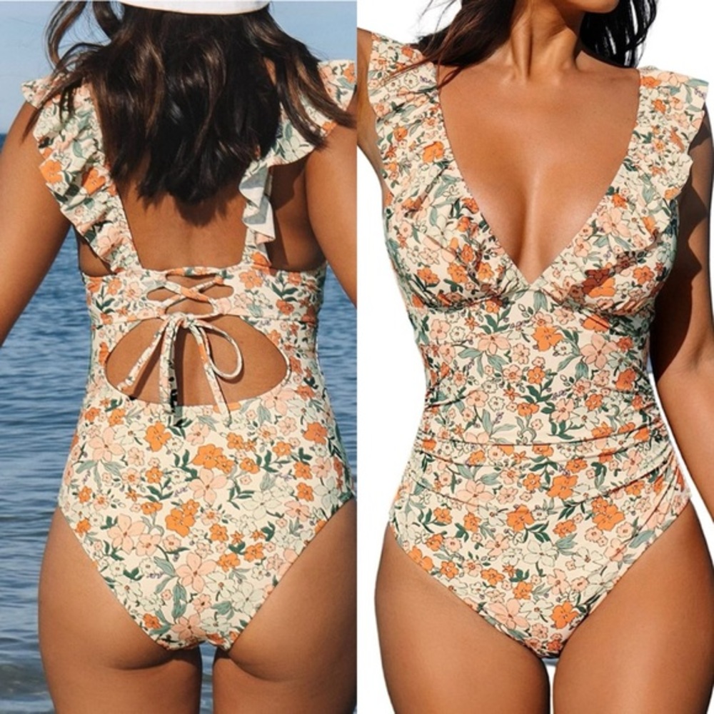 Cupshe Floral Ruffle One Piece‎ Swimsuit L NWT